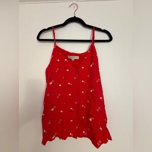 LOFT Covered Button Strappy Cami Cherries Spaghetti Strap Size M Flowy Lined Top